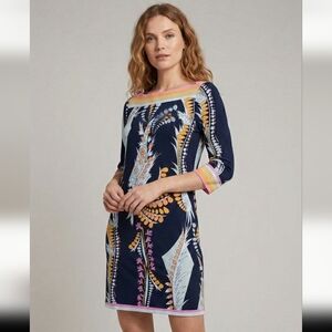 Ali Ro Blue White Sheath Dress Bishop Sleeves